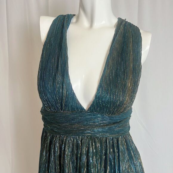 Lulus Ailey Gold and Teal Blue Metallic Skater Dress Women's Size M - Picture 2 of 6